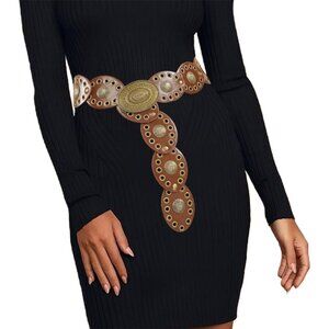 Women's Western Wide Disc Belt Vintage Hollow Rivet Cowgirl Boho PU Leather Belt